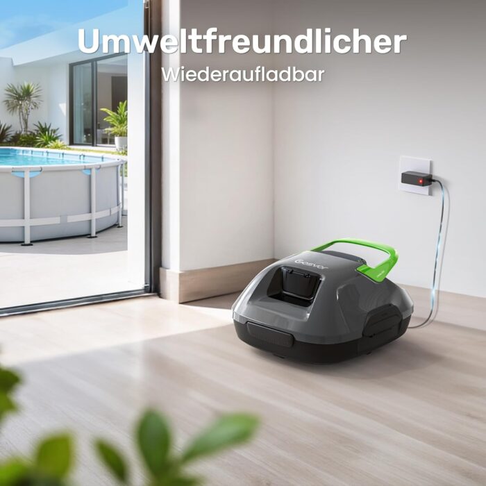 Poolroboter Akku, 6600 LPH Effiziente Reinigung mit 90 Min Laufzeit, 3,4 KG Leicht Bodensauger, Einfach zu Bedienen & Warten, Poolsauger für Pools mit Flachem Boden bis zu 80㎡, Grün
