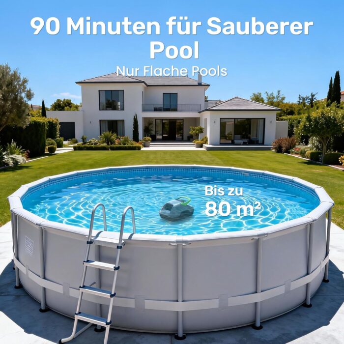 Poolroboter Akku, 6600 LPH Effiziente Reinigung mit 90 Min Laufzeit, 3,4 KG Leicht Bodensauger, Einfach zu Bedienen & Warten, Poolsauger für Pools mit Flachem Boden bis zu 80㎡, Grün