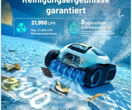 Spino E1 Poolroboter Akku Boden und Wand, 210 Min Kabellos Poolsauger, Max 21950 LPH, Poolreiniger mit 5 Reinigungsmodi, Auto Wasserlinien Parkfunktion & SmartArc Routenplan,bis 150㎡ (E1)