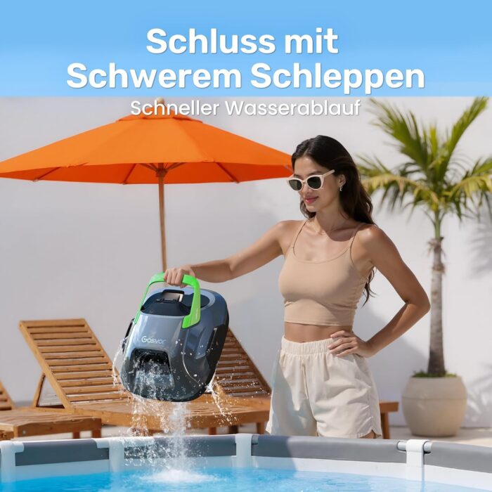 Poolroboter Akku, 6600 LPH Effiziente Reinigung mit 90 Min Laufzeit, 3,4 KG Leicht Bodensauger, Einfach zu Bedienen & Warten, Poolsauger für Pools mit Flachem Boden bis zu 80㎡, Grün