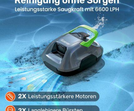 Poolroboter Akku, 6600 LPH Effiziente Reinigung mit 90 Min Laufzeit, 3,4 KG Leicht Bodensauger, Einfach zu Bedienen & Warten, Poolsauger für Pools mit Flachem Boden bis zu 80㎡, Grün