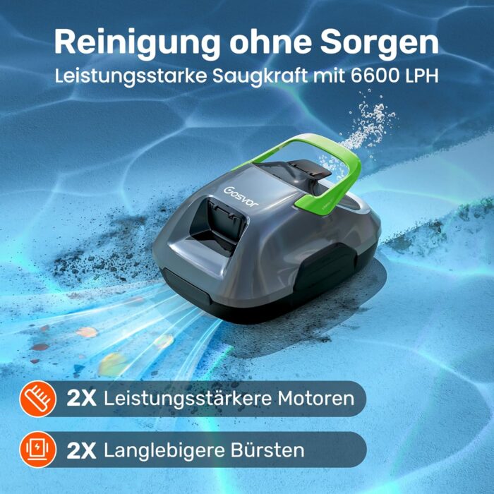 Poolroboter Akku, 6600 LPH Effiziente Reinigung mit 90 Min Laufzeit, 3,4 KG Leicht Bodensauger, Einfach zu Bedienen & Warten, Poolsauger für Pools mit Flachem Boden bis zu 80㎡, Grün