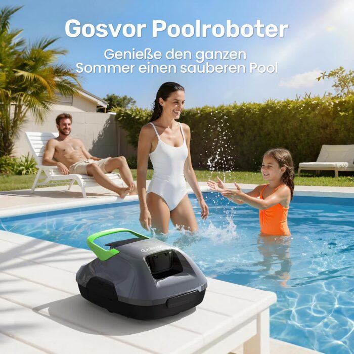 Poolroboter Akku, 6600 LPH Effiziente Reinigung mit 90 Min Laufzeit, 3,4 KG Leicht Bodensauger, Einfach zu Bedienen & Warten, Poolsauger für Pools mit Flachem Boden bis zu 80㎡, Grün